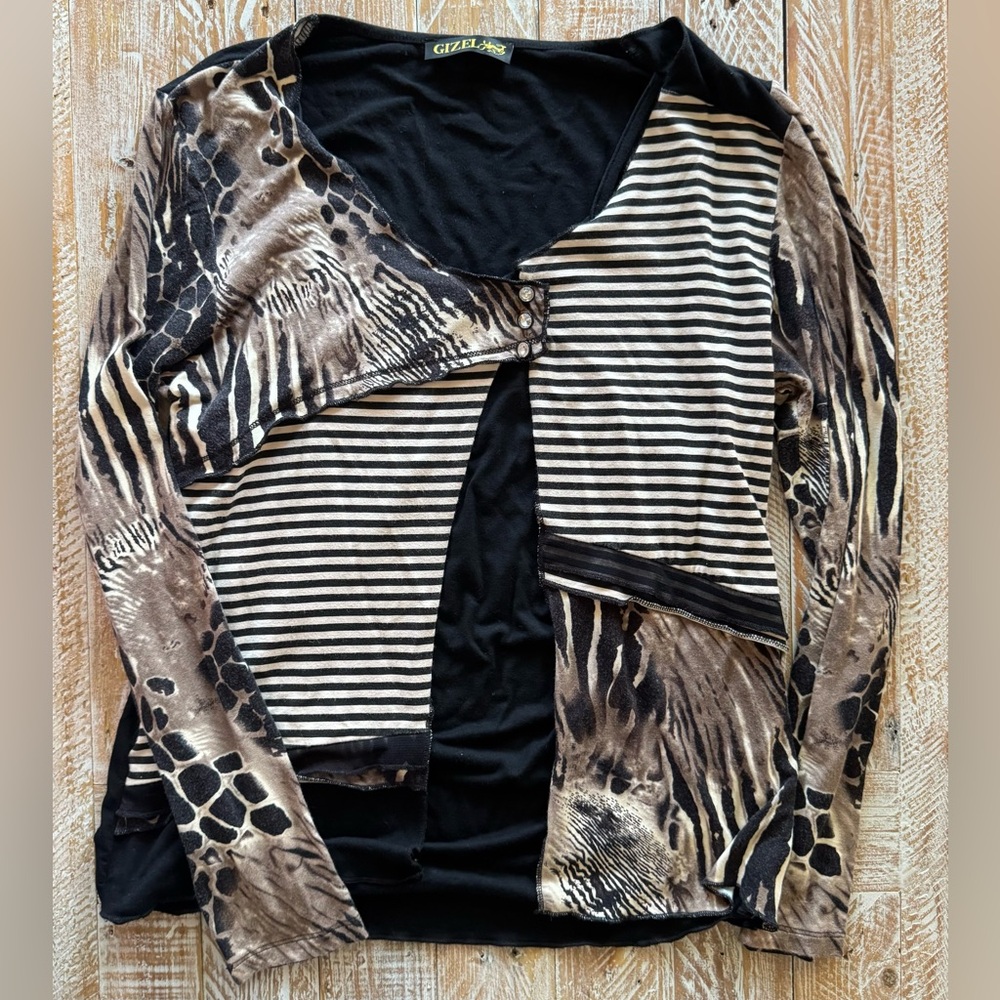 GIZEL Boutique Layered Animal Print Top M/L Black Gold Crystal Buttons ~M/L